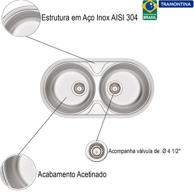 Cuba Dupla Sobrepor Luna Duo Aço Inox Acetinado 2C 36BS - Tramontina 94035/102