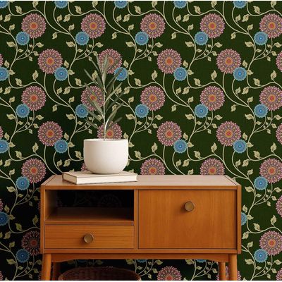 Papel de Parede Vinil Autoadesivo Trepadeira Floral Verde Estilo Asiático, Envoltório Decorativo Fácil para Quarto e Sala - S4Sassy 63,5 cm (L) × 609,6 cm (C) / Verde - Vinil Texturizado