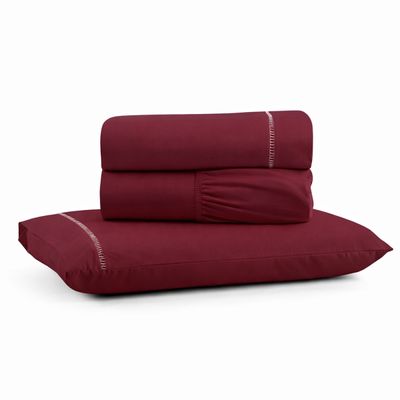Jogo de Lençol Solteiro Premium Soft 600 Fios Micropercal Bordô Ponto Palito Toque Macio 3 Peças