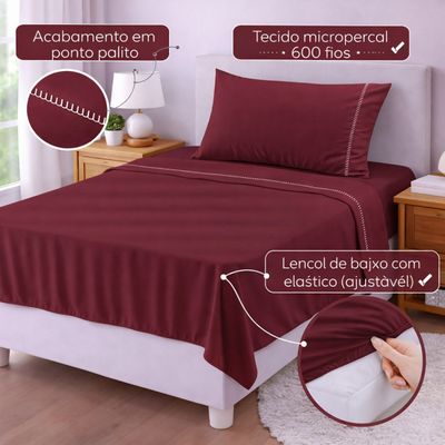 Jogo de Lençol Solteiro Premium Soft 600 Fios Micropercal Bordô Ponto Palito Toque Macio 3 Peças