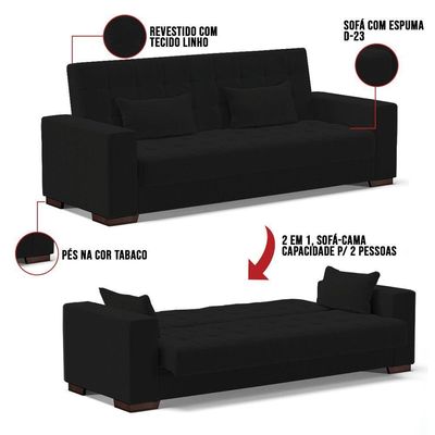 Sofá Cama 02 Lugares Lisboa Linho - D'Rossi Cor A79 Preto