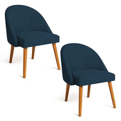 Kit 02 Cadeiras Poltrona De Jantar Luna Suede Pés Palito Castanho - Pallazio Cor Azul Marinho