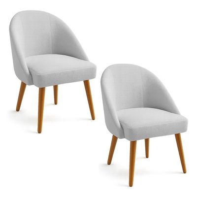 Kit 02 Cadeiras Poltrona De Jantar Estofada Luna Boucle Cinza Pés Palito Castanho - Pallazio
