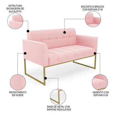 Sofá Namoradeira Base Industrial Dourado Ana Suede Rosa Bebê - Ibiza