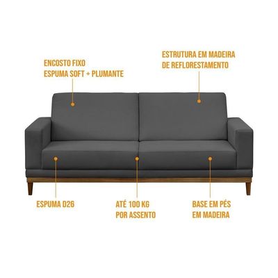 Sofá Living 200cm 3 Lugares Kayrós D05 Suede Cinza - Mpozenato