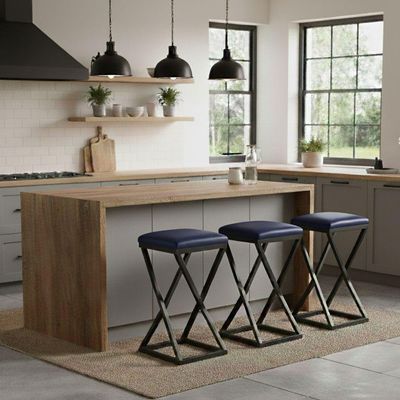 Kit 3 Banco Banqueta 80 Cm Alta Bancada Gourmet Bistrô Corino Azul Marinho