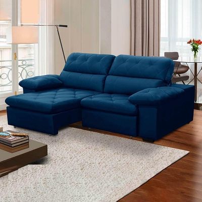 Sofa Retratil Reclinavel 2 Lugares 2,10m Crystal Veludo Azul Marinho Lansofbr