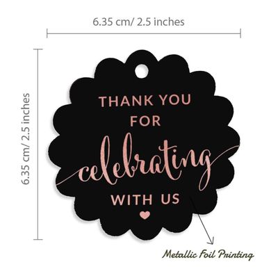 Etiquetas de Papel Metalizado Obrigado por Celebrar Conosco para Chá de Noiva/Chá de Bebê/Aposentadoria/Casamento/Aniversário - Inkdotpot 50 Etiquetas Metalizadas / Preto - Ouro Rosé