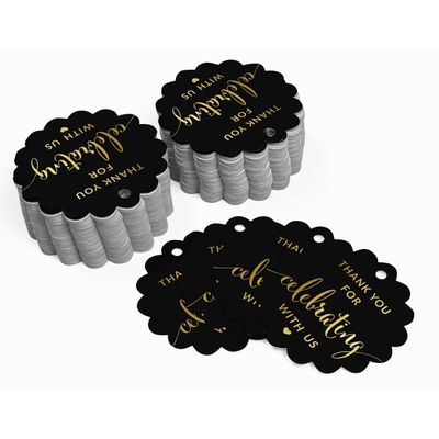 Etiquetas de Papel Metalizado Obrigado por Celebrar Conosco para Chá de Noiva/Chá de Bebê/Aposentadoria/Casamento/Aniversário - Inkdotpot 50 Etiquetas Metalizadas / Preto - Ouro Rosé