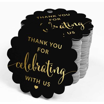 Etiquetas de Papel Metalizado Obrigado por Celebrar Conosco para Chá de Noiva/Chá de Bebê/Aposentadoria/Casamento/Aniversário - Inkdotpot 50 Etiquetas Metalizadas / Preto - Ouro Rosé