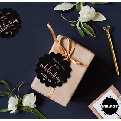 Etiquetas de Papel Metalizado Obrigado por Celebrar Conosco para Chá de Noiva/Chá de Bebê/Aposentadoria/Casamento/Aniversário - Inkdotpot 50 Etiquetas Metalizadas / Preto - Ouro Rosé