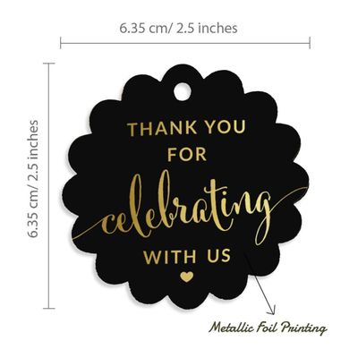Etiquetas de Papel Metalizado Obrigado por Celebrar Conosco para Chá de Noiva/Chá de Bebê/Aposentadoria/Casamento/Aniversário - Inkdotpot 50 Etiquetas Metalizadas / Preto - Ouro Rosé