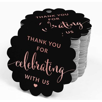 Etiquetas de Papel Metalizado Obrigado por Celebrar Conosco para Chá de Noiva/Chá de Bebê/Aposentadoria/Casamento/Aniversário - Inkdotpot 50 Etiquetas Metalizadas / Preto - Ouro Rosé