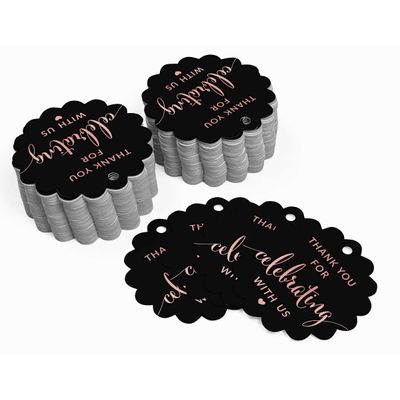 Etiquetas de Papel Metalizado Obrigado por Celebrar Conosco para Chá de Noiva/Chá de Bebê/Aposentadoria/Casamento/Aniversário - Inkdotpot 50 Etiquetas Metalizadas / Preto - Ouro Rosé