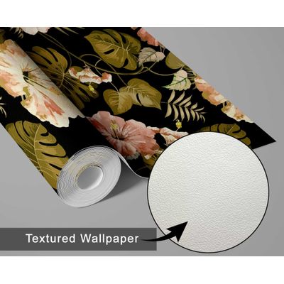 Papel de Parede Floral Hibiscus Preto, Vinil Autoadesivo Decorativo, Decoração DIY Fácil para Quarto, Sala, Armários - S4Sassy 63,5 cm (L) × 609,6 cm (C) / Preto - Vinil Texturizado