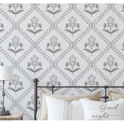 Papel de Parede Autoadesivo Removível Buti Floral Diagonal, Mural Estilo Asiático para Banheiro, Lavanderia e Closet, Vinil Cinza - S4Sassy 63,5 cm (L) × 152,4 cm (C) / Cinza - Vinil Liso