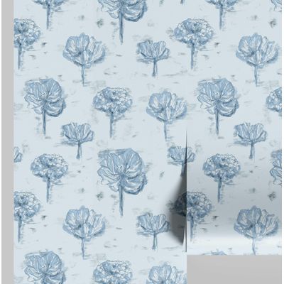 Papel de Parede Vinílico Autoadesivo Esboço Artístico de Dália - Revestimento Decorativo Azul Fácil de Aplicar para Quarto e Sala - S4Sassy 63,5 cm (L) × 152,4 cm (C) / Azul - Vinil Texturizado