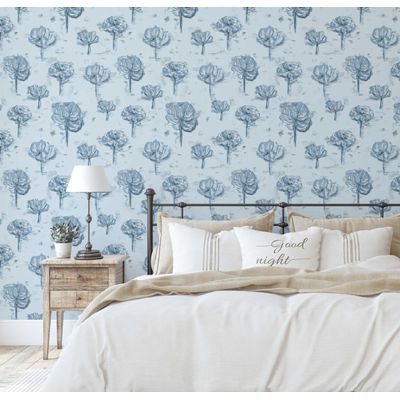 Papel de Parede Vinílico Autoadesivo Esboço Artístico de Dália - Revestimento Decorativo Azul Fácil de Aplicar para Quarto e Sala - S4Sassy 63,5 cm (L) × 152,4 cm (C) / Azul - Vinil Texturizado