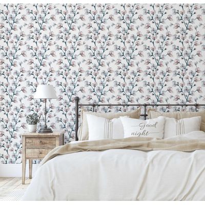 Revestimento Autoadesivo Estampa Blossom Bloom, Mural Estilo Asiático para Banheiro, Lavanderia e Closet, Vinil Branco - S4Sassy 63,5 cm (L) × 914,4 cm (C) / Branco - Vinil Liso
