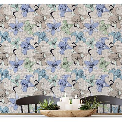 Papel Adesivo de Parede Estampa Lírios Botânicos Vinílico Impermeável Removível Mix Pastel para Inquilinos Quarto e Sala de Jantar - S4sassy 63,5 cm (L) × 152,4 cm (C) / Azul - Vinil Texturizado