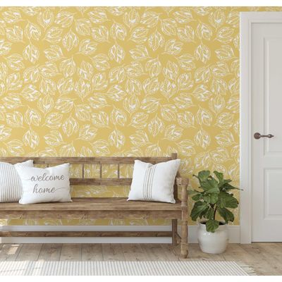 Revestimento de Parede Vinílico Autoadesivo Removível e Impermeável, Estampa de Folhas Amarelas para Paredes, Armários e Cômoda - S4sassy 63,5 cm (L) × 914,4 cm (C) / Amarelo - Vinil Texturizado