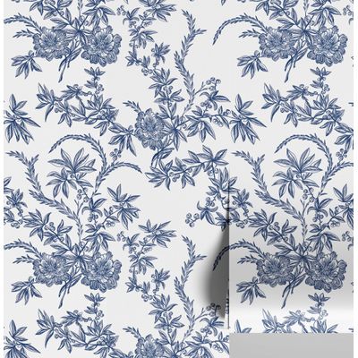 Papel de Parede Vinílico Removível À Prova d'Água, Contact Videira Vintage Azul, Rolo Autoadesivo para Paredes e Móveis - S4Sassy 63,5 cm (L) × 914,4 cm (C) / Azul - Vinil Texturizado
