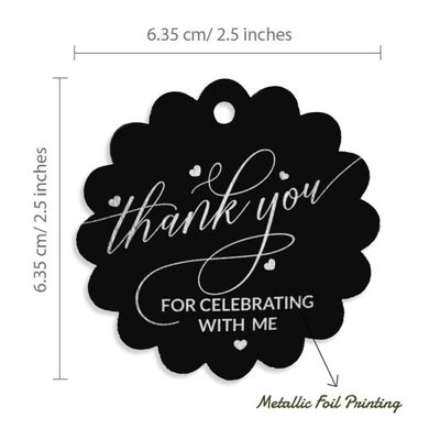 Tags de Papel "Thank You For Celebrating With Me" para Lembrancinha de Aniversário, Tags Pendentes com Foil - Inkdotpot 100 Etiquetas Metalizadas / Preto - Prata