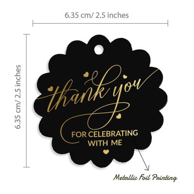Tags de Papel "Thank You For Celebrating With Me" para Lembrancinha de Aniversário, Tags Pendentes com Foil - Inkdotpot 100 Etiquetas Metalizadas / Preto - Prata