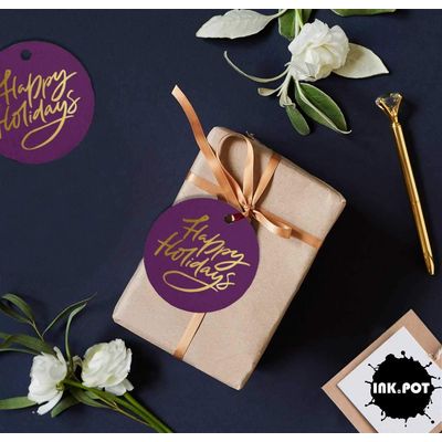 Etiquetas Pendentes para Garrafas 'Happy Holiday' com Acabamento Metalizado para Lembrancinha - Inkdotpot 100 Etiquetas Metalizadas / Roxo - Prata