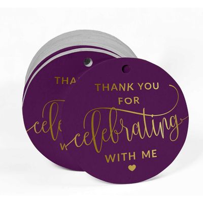 Tag de Papel para Pendurar de Lembrancinha de Aniversário "Obrigado por Celebrar Comigo" Metalizado - Inkdotpot 50 Etiquetas Metalizadas / Roxo - Prata