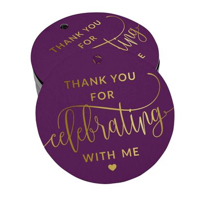 Tag de Papel para Pendurar de Lembrancinha de Aniversário "Obrigado por Celebrar Comigo" Metalizado - Inkdotpot 50 Etiquetas Metalizadas / Roxo - Prata