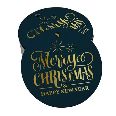 Etiquetas de Papel Metalizado Pendentes para Lembrancinhas com Texto "Merry Christmas & Happy New Year" - Inkdotpot 100 Etiquetas Metalizadas / Azul - Dourado