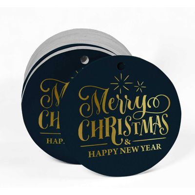 Etiquetas de Papel Metalizado Pendentes para Lembrancinhas com Texto "Merry Christmas & Happy New Year" - Inkdotpot 100 Etiquetas Metalizadas / Azul - Dourado