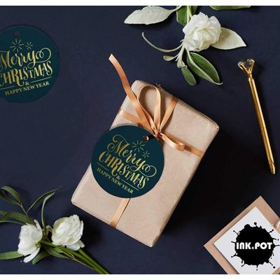 Etiquetas de Papel Metalizado Pendentes para Lembrancinhas com Texto "Merry Christmas & Happy New Year" - Inkdotpot 100 Etiquetas Metalizadas / Azul - Dourado