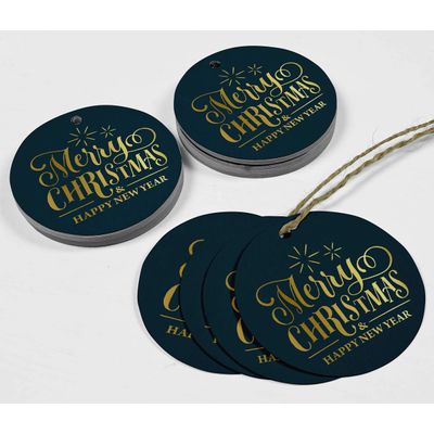 Etiquetas de Papel Metalizado Pendentes para Lembrancinhas com Texto "Merry Christmas & Happy New Year" - Inkdotpot 100 Etiquetas Metalizadas / Azul - Dourado