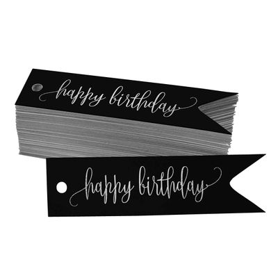 Tags de Papel para Lembrancinhas 'Feliz Aniversário' para Pendurar com Acabamento Metalizado para Artesanato - Inkdotpot 50 Etiquetas Metalizadas / Preto - Prata