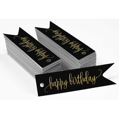 Tags de Papel para Lembrancinhas 'Feliz Aniversário' para Pendurar com Acabamento Metalizado para Artesanato - Inkdotpot 50 Etiquetas Metalizadas / Preto - Prata