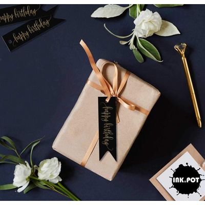 Tags de Papel para Lembrancinhas 'Feliz Aniversário' para Pendurar com Acabamento Metalizado para Artesanato - Inkdotpot 50 Etiquetas Metalizadas / Preto - Prata