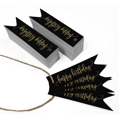 Tags de Papel para Lembrancinhas 'Feliz Aniversário' para Pendurar com Acabamento Metalizado para Artesanato - Inkdotpot 50 Etiquetas Metalizadas / Preto - Prata