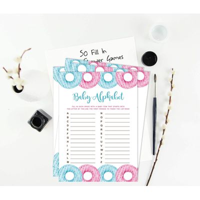 Conjunto Donuts para Chá de Bebê com 50 Cartões Alfabeto ABC Ele ou Ela - Inkdotpot 12,7 Cm × 17,78 Cm / Branco - O Que Tem na Sua Bolsa