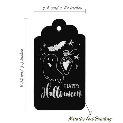 Etiquetas de Papel Foil "Feliz Halloween" Para Lembrancinhas e Para Pendurar - Inkdotpot 100 Etiquetas Metalizadas / Preto - Prata