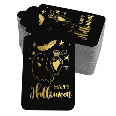 Etiquetas de Papel Foil "Feliz Halloween" Para Lembrancinhas e Para Pendurar - Inkdotpot 100 Etiquetas Metalizadas / Preto - Prata