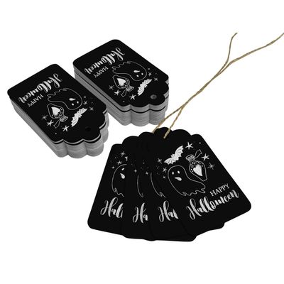 Etiquetas de Papel Foil "Feliz Halloween" Para Lembrancinhas e Para Pendurar - Inkdotpot 100 Etiquetas Metalizadas / Preto - Prata