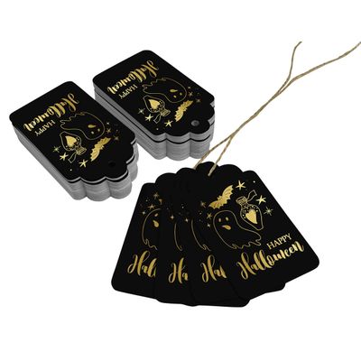 Etiquetas de Papel Foil "Feliz Halloween" Para Lembrancinhas e Para Pendurar - Inkdotpot 100 Etiquetas Metalizadas / Preto - Prata