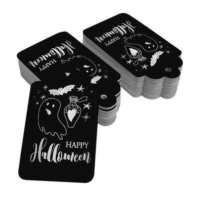 Etiquetas de Papel Foil "Feliz Halloween" Para Lembrancinhas e Para Pendurar - Inkdotpot 100 Etiquetas Metalizadas / Preto - Prata