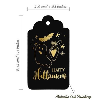 Etiquetas de Papel Foil "Feliz Halloween" Para Lembrancinhas e Para Pendurar - Inkdotpot 100 Etiquetas Metalizadas / Preto - Prata
