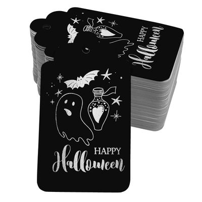 Etiquetas de Papel Foil "Feliz Halloween" Para Lembrancinhas e Para Pendurar - Inkdotpot 100 Etiquetas Metalizadas / Preto - Prata