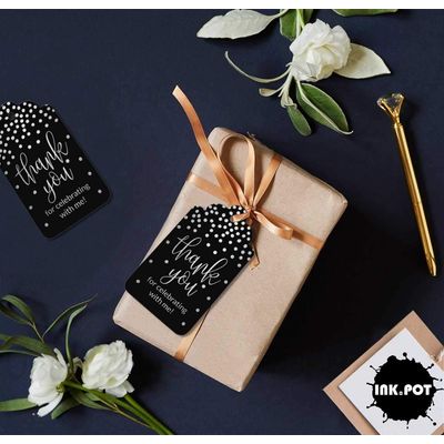 Etiquetas Penduradas em Papel Metalizado "Obrigado por Celebrar Comigo" para Lembrancinhas de Aniversário - Inkdotpot 50 Etiquetas Metalizadas / Preto - Prata