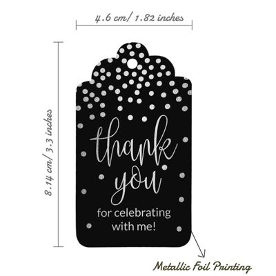 Etiquetas Penduradas em Papel Metalizado "Obrigado por Celebrar Comigo" para Lembrancinhas de Aniversário - Inkdotpot 50 Etiquetas Metalizadas / Preto - Prata