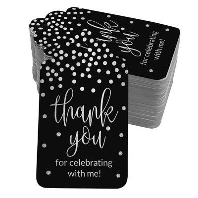Etiquetas Penduradas em Papel Metalizado "Obrigado por Celebrar Comigo" para Lembrancinhas de Aniversário - Inkdotpot 50 Etiquetas Metalizadas / Preto - Prata
